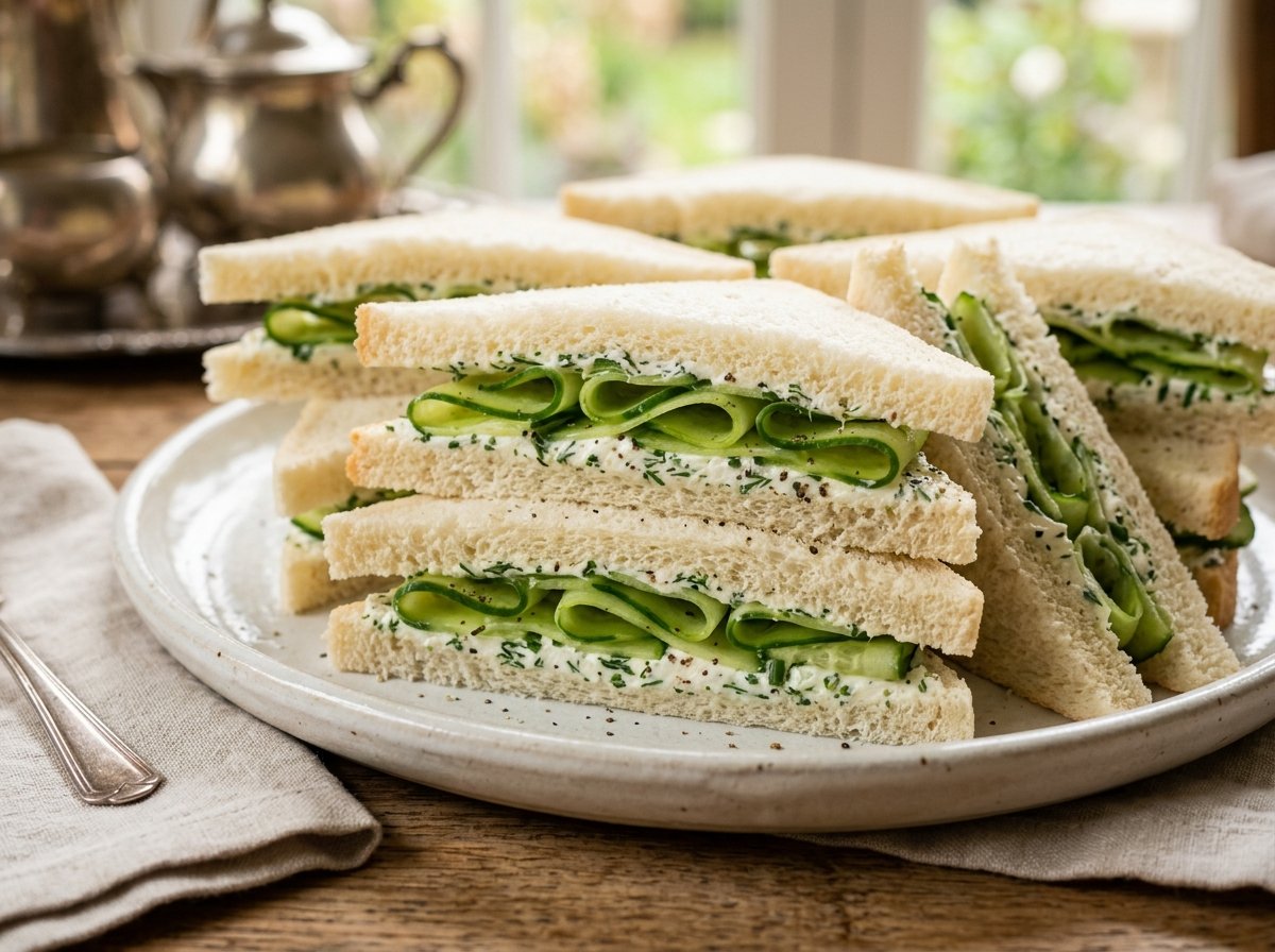 Platter of delicate English Cucumber Sandwiches with Herb Cream Cheese and fresh dill