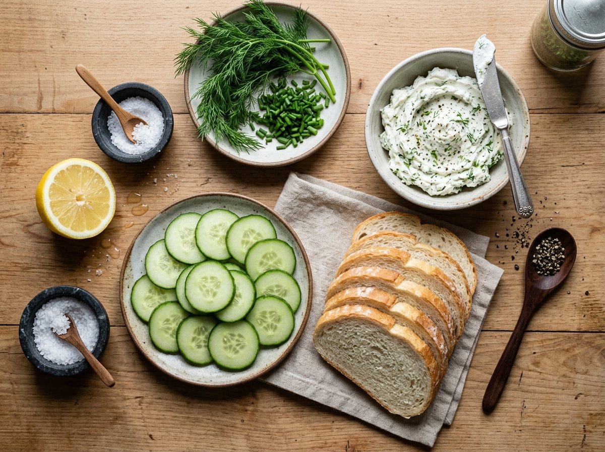 Fresh ingredients for Cucumber Sandwiches with Herb Cream Cheese on a rustic wooden board