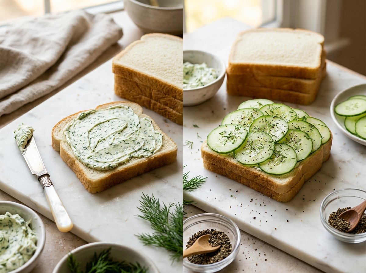 Step by step assembly of Cucumber Sandwiches with Herb Cream Cheese on a marble cutting board